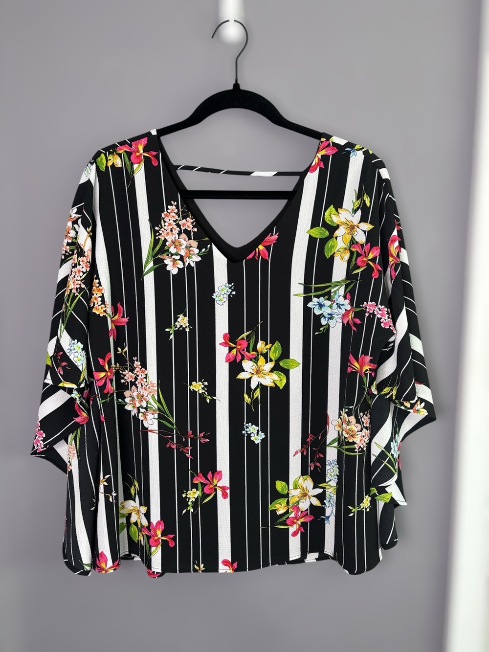 Artex Black White Striped Floral Blouse Dolman Sleeve Large